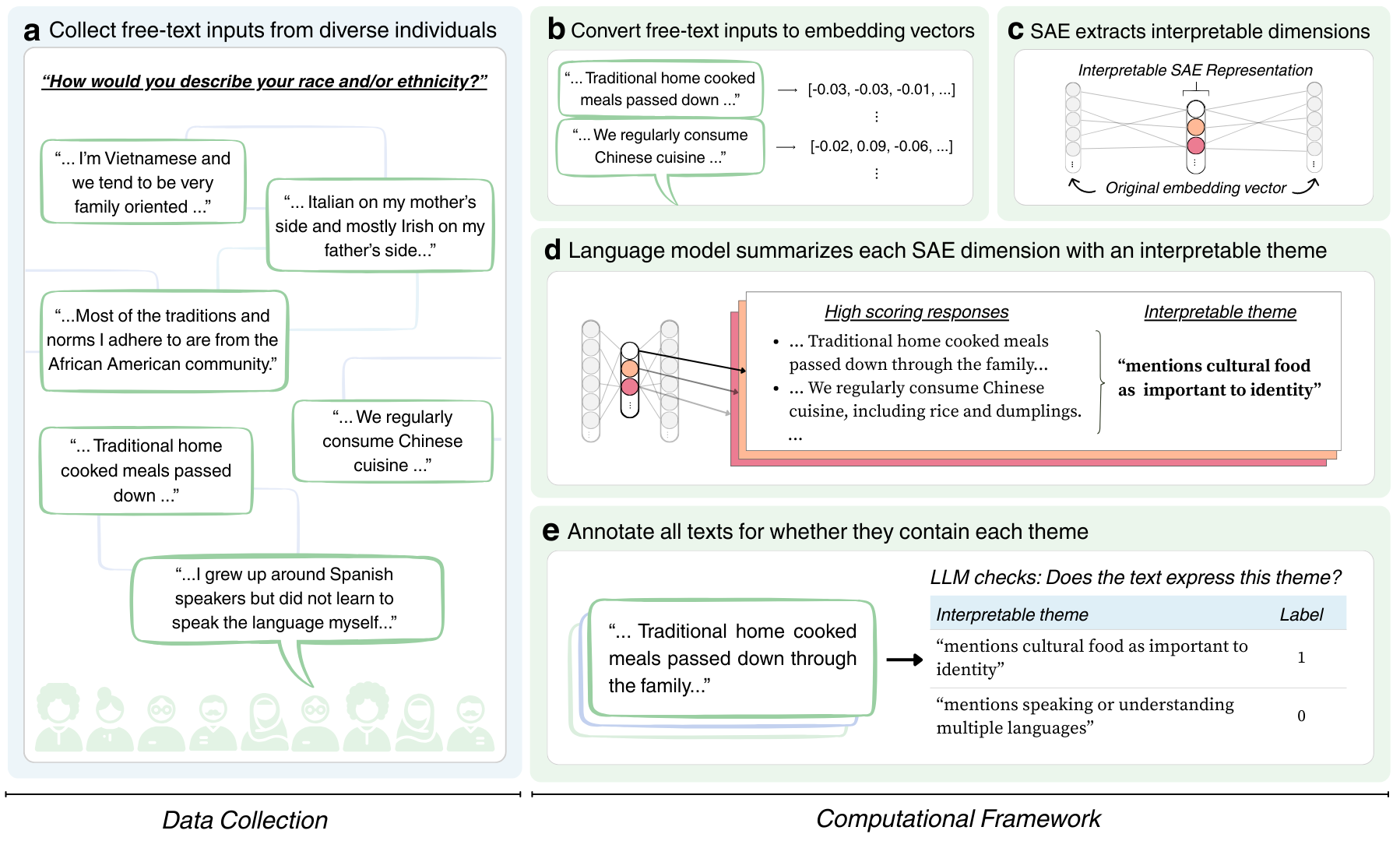 Computational framework diagram showing steps b–e: embedding, SAE extraction, LLM interpretation, and annotation